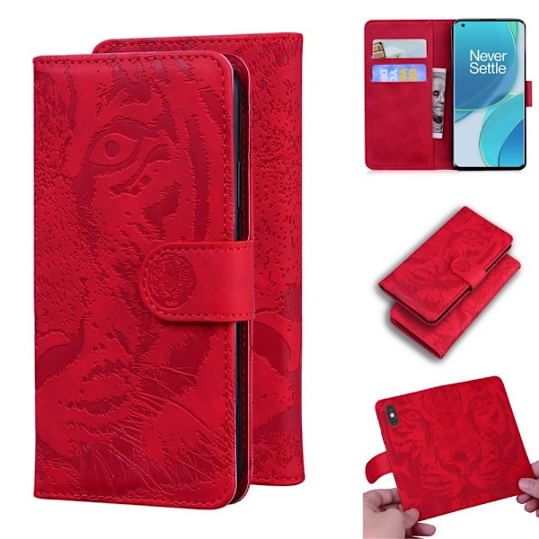 OnePlus 9 Pro - Tiger Tryck Läder Fodral - Röd Red Röd