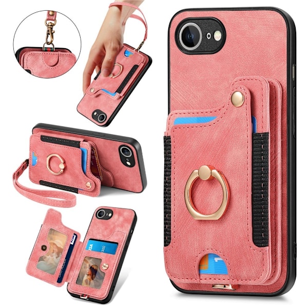 iPhone 16e Skal Med Korthållare RFID Retro Läder Rosa