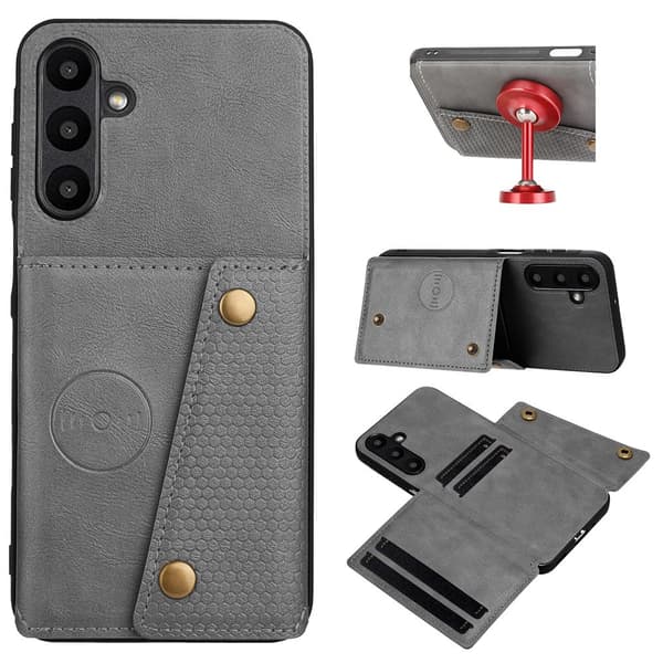Samsung Galaxy A37 5G Skal Läder Med Kortfack Och Magnet Grå