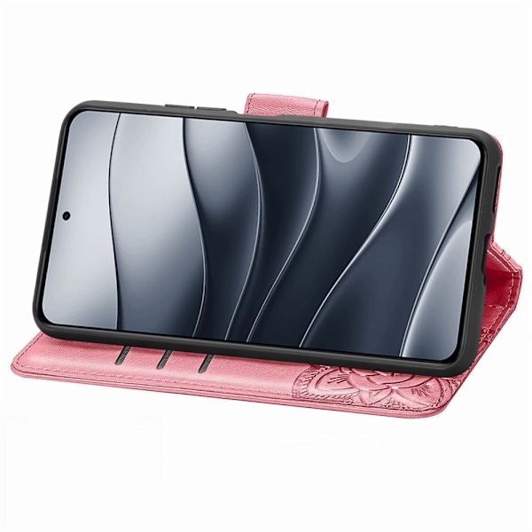 Xiaomi Redmi Note 14 5G Fodral Läder Fjäril Tryck Rosa
