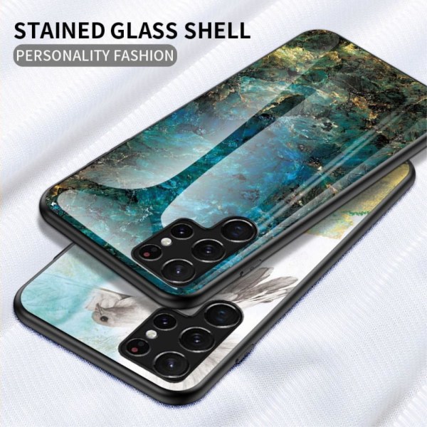 Samsung Galaxy S22 Ultra Skal Marmor Härdat Glas Smaragd