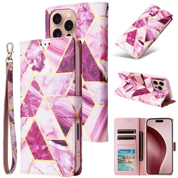 iPhone 16 Pro Fodral Läder Marmor Rosa