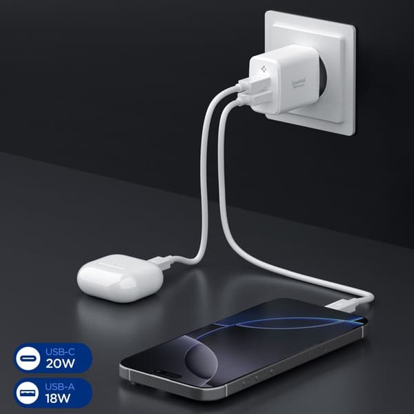 Spigen 20W Väggladdare USB-C / USB-A Essential Vit