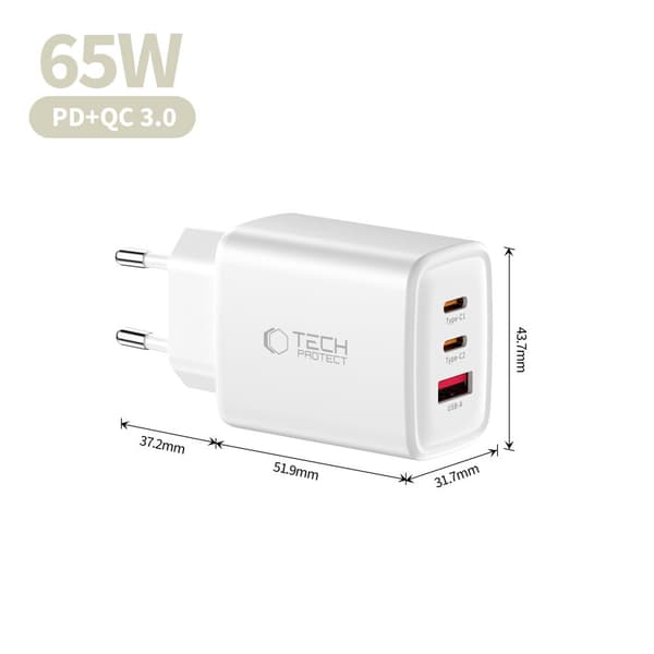 Tech-Protect 65W Väggladdare PD QC3.0 USB-C / USB-A Vit