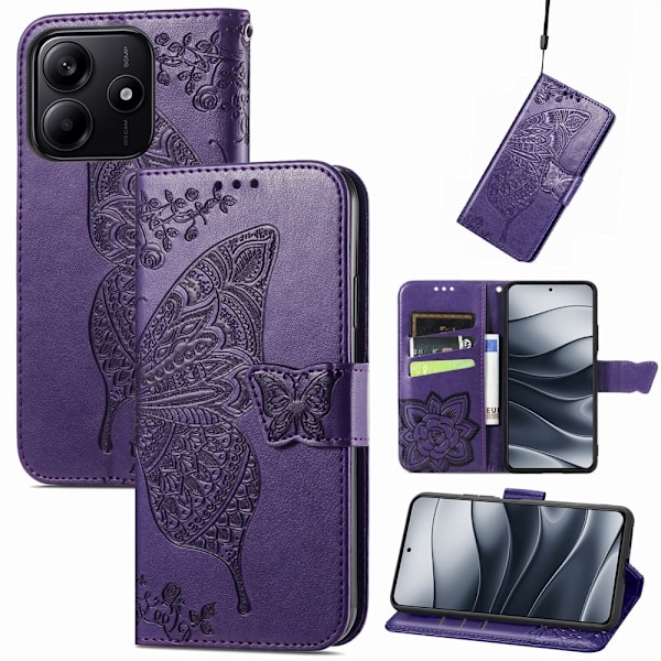Xiaomi Redmi Note 14 5G Fodral Läder Fjäril Tryck Mörk Lila