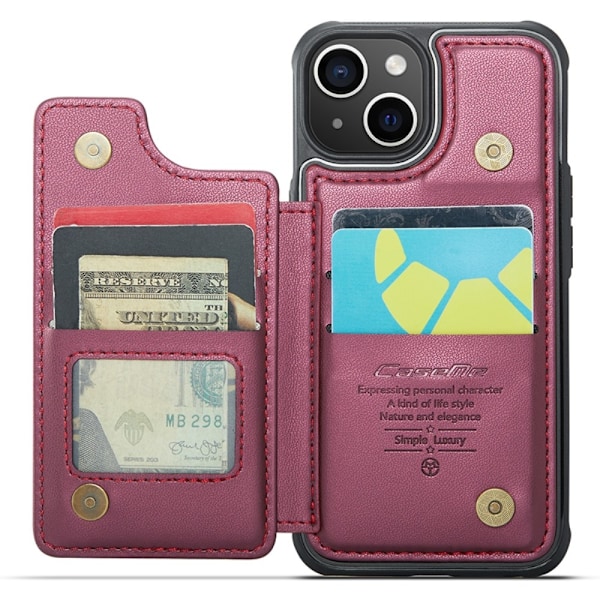 CASEME iPhone 15 Skal RFID Kickstand Plånbok Vinröd