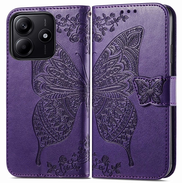 Xiaomi Redmi Note 14 5G Fodral Läder Fjäril Tryck Mörk Lila