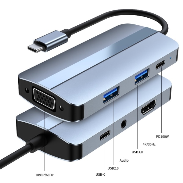 7in1 100W USB-C Dockningsstation VGA/USB-C/USB 3.0 Blå