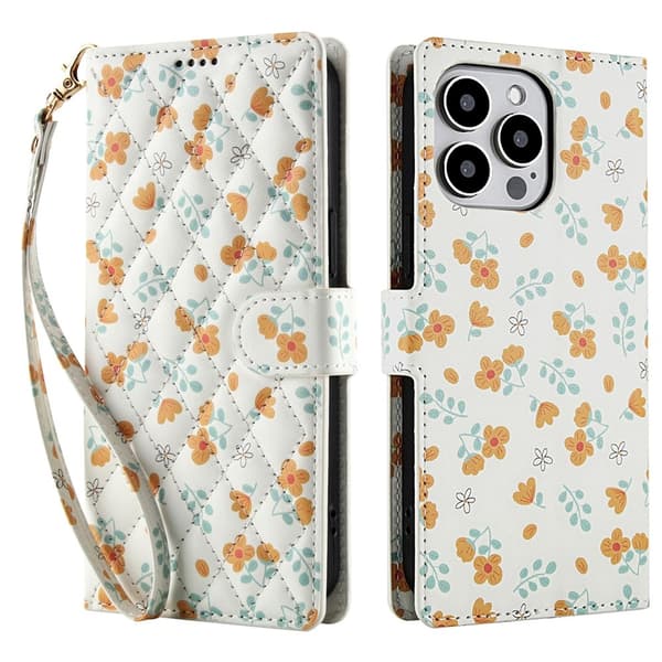 iPhone 16 Pro Fodral Rhombus Läder Blommor Vit