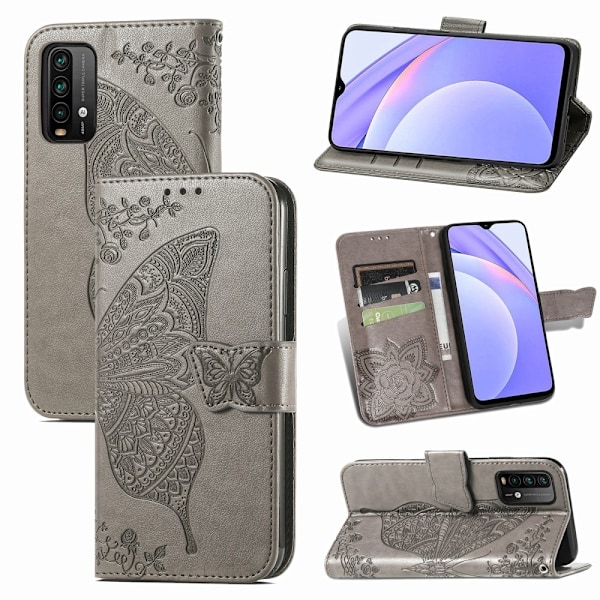 Xiaomi Redmi 9T - Butterfly Läder Fodral - Grå Grey Grå