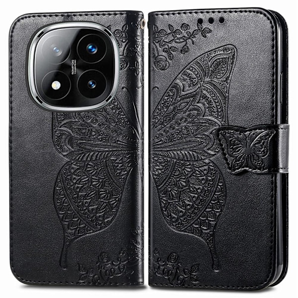 Xiaomi Redmi Note 14 Pro 5G Fodral Läder Fjäril Tryck Svart