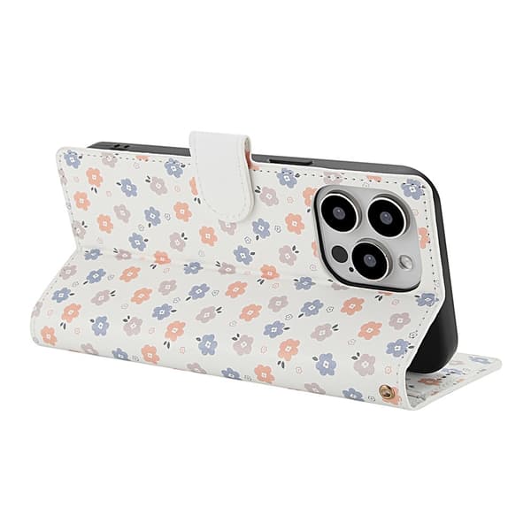 iPhone 16 Pro Fodral Rhombus Läder Blommor Vit
