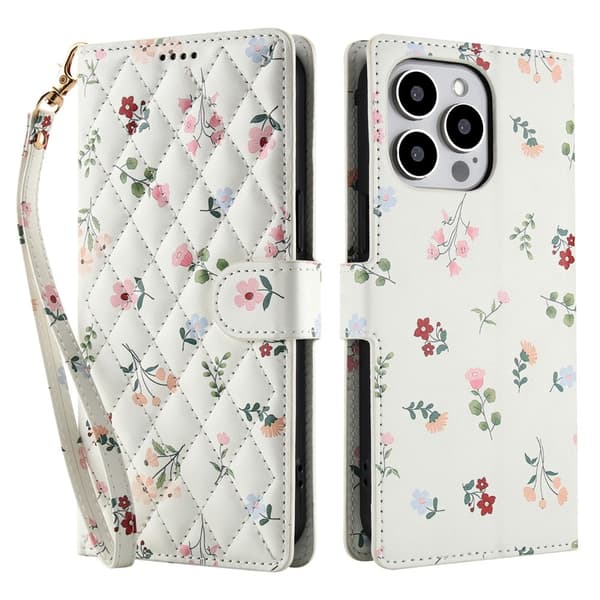 iPhone 16 Pro Fodral Rhombus Läder Blommor Vit