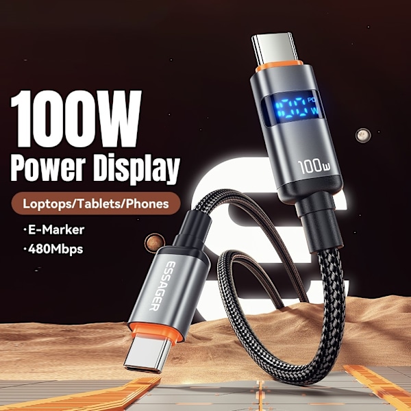 ESSAGER 1 m 100W 5A PD USB-C - USB-C Laddningskabel Svart