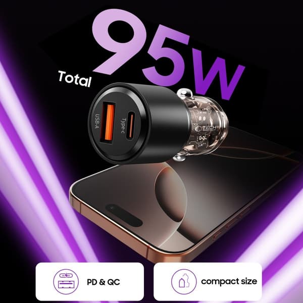 Tech-Protect 95W PD QC Billaddare USB-C / USB-A Svart