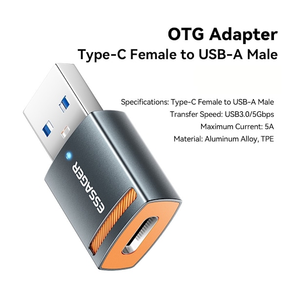 ESSAGER USB-A 3.0 Till USB-C Adapter Grå
