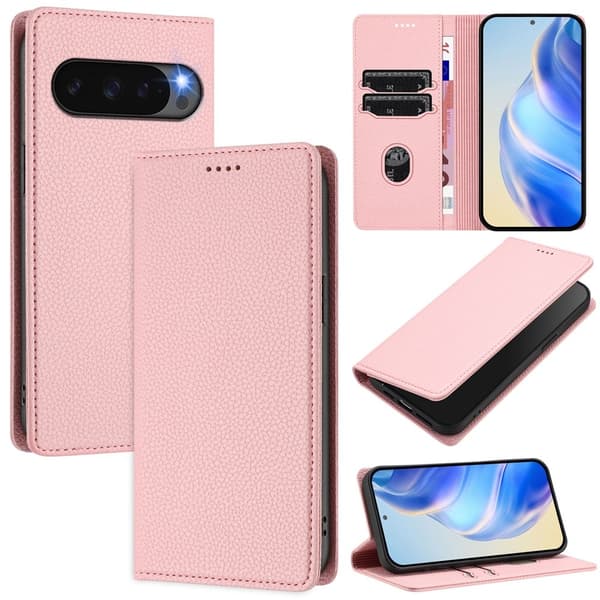 Google Pixel 10/10 Pro / 9/9 Pro Fodral RFID Litchi Läder Rosa
