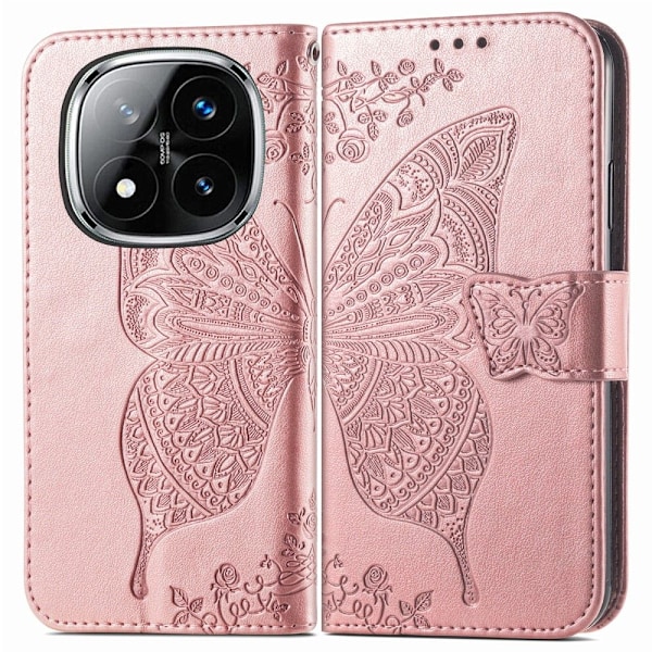 Xiaomi Redmi Note 14 Pro 5G Fodral Läder Fjäril Tryck Roséguld