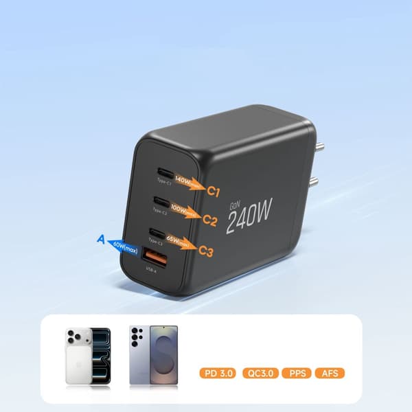 Tech-Protect 240W Väggladdare PD QC3.0 USB-C / USB-A Svart