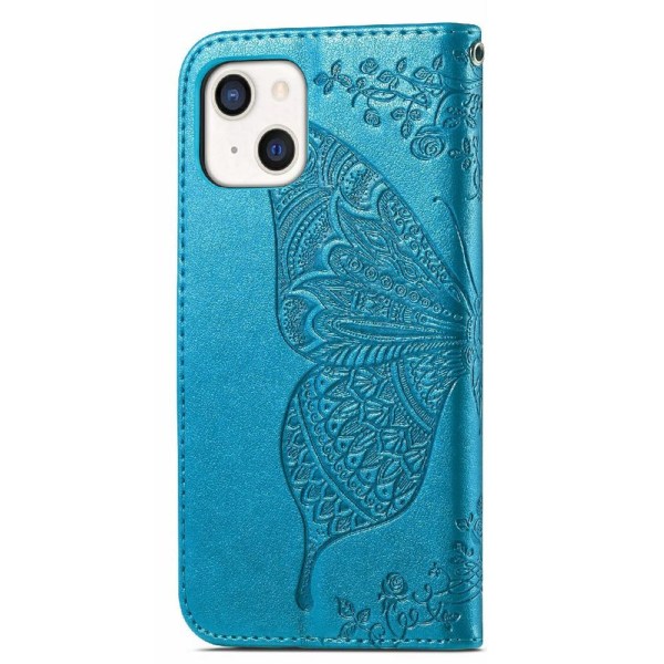 iPhone 13 - Butterfly Print Läder Fodral - Blå