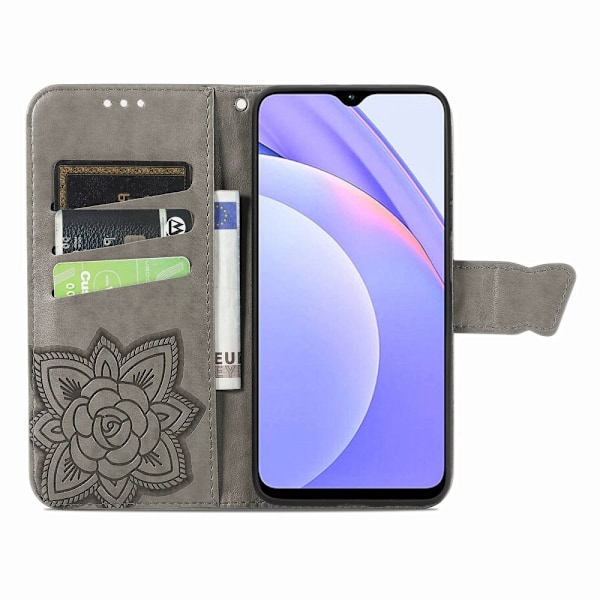Xiaomi Redmi 9T - Butterfly Läder Fodral - Grå Grey Grå