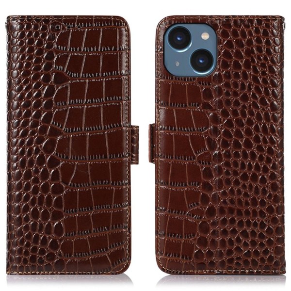 iPhone 15 Fodral RFID Äkta Läder Krokodil Textur Brun