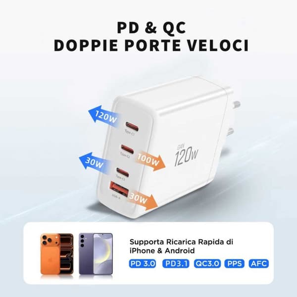Tech-Protect 120W Väggladdare PD QC3.0 USB-C/USB-A Vit