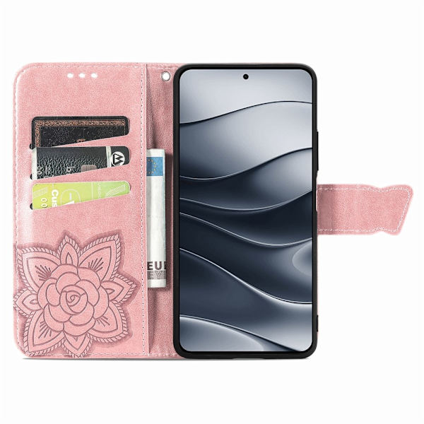 Xiaomi Redmi Note 14 5G Fodral Läder Fjäril Tryck Roséguld