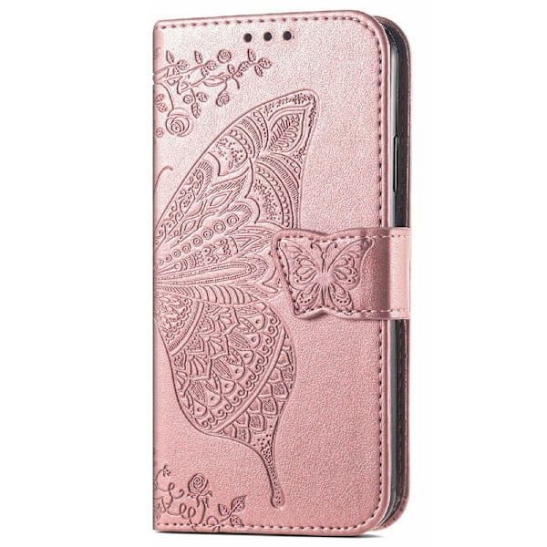 iPhone 13 - Butterfly Print Läder Fodral - Roséguld