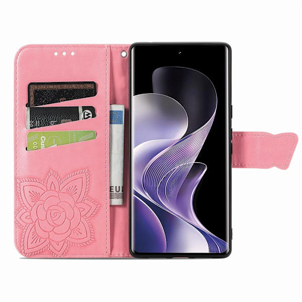 Xiaomi Redmi Note 14 Pro 5G Fodral Läder Fjäril Tryck Rosa