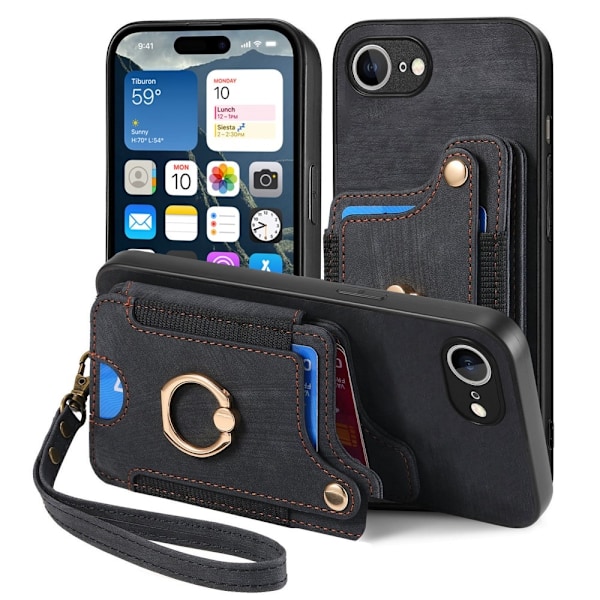 iPhone 16e Skal Med Korthållare RFID Retro Läder Svart