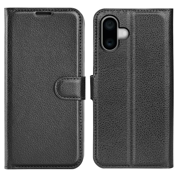 iPhone 16 Plus Fodral Litchi Läder Svart