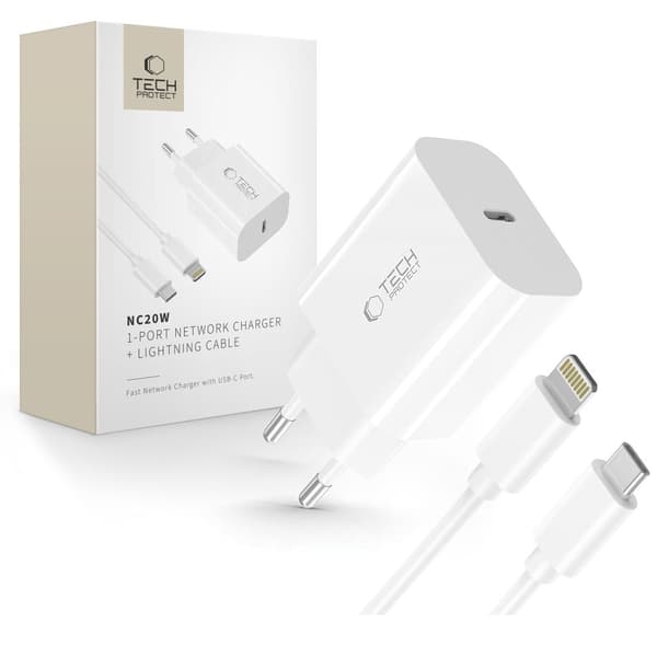 Tech-Protect 20W PD Väggladdare Inkl. Lightning Kabel Vit