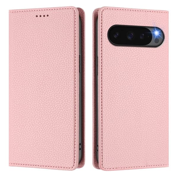 Google Pixel 10/10 Pro / 9/9 Pro Fodral RFID Litchi Läder Rosa