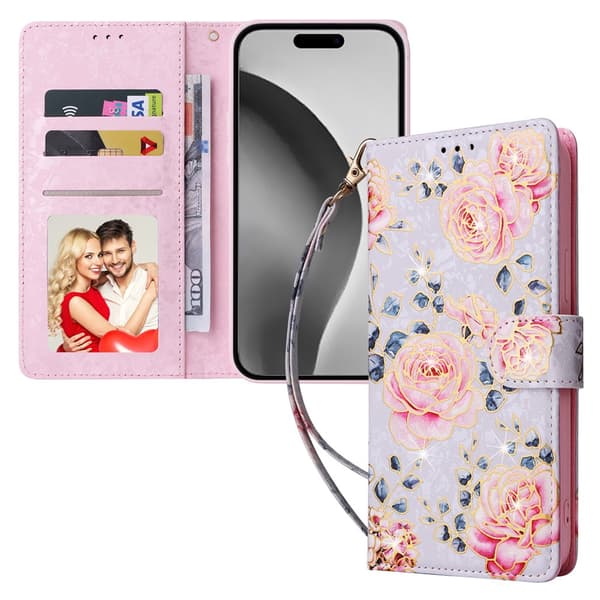 iPhone 16 Pro Max Fodral RFID Läder Rosa Blommor