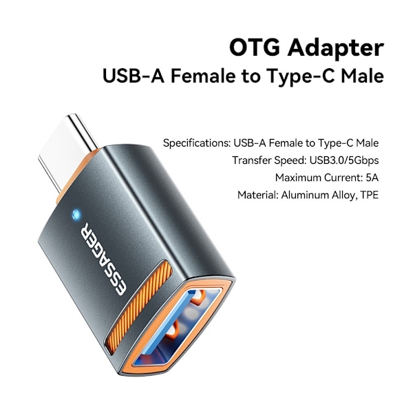 ESSAGER USB-C Till USB-A Adapter Grå