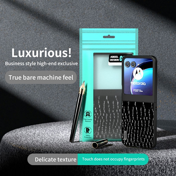 Motorola Razr 50 5G Skal Äkta Läder Krokodil Textur Svart