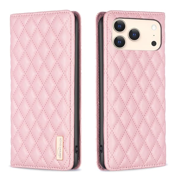 BINFEN iPhone 17 Pro Fodral Flip Diamond Läder Rosa