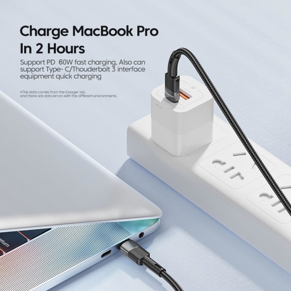 ESSAGER 3m 60W PD USB-C - USB-C Laddningskabel Svart