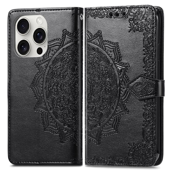 iPhone 16 Pro Max Fodral Mandala Läder Svart