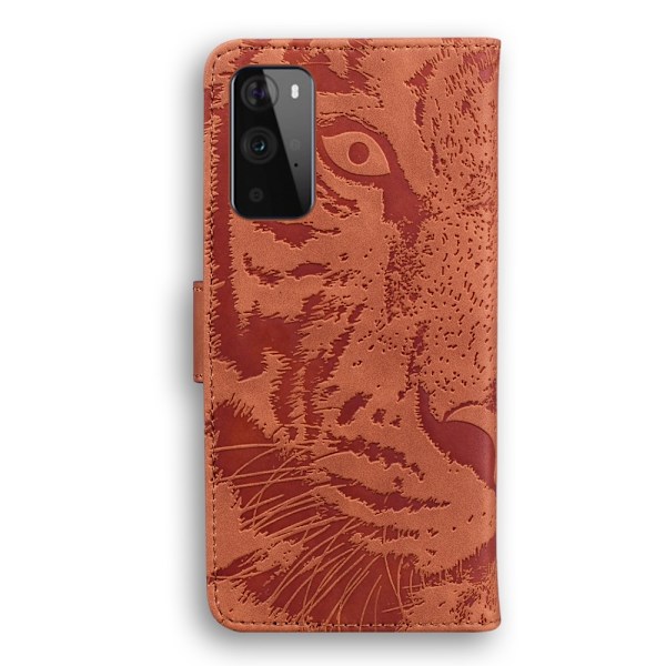 OnePlus 9 Pro - Tiger Tryck Läder Fodral - Brun Brown Brun