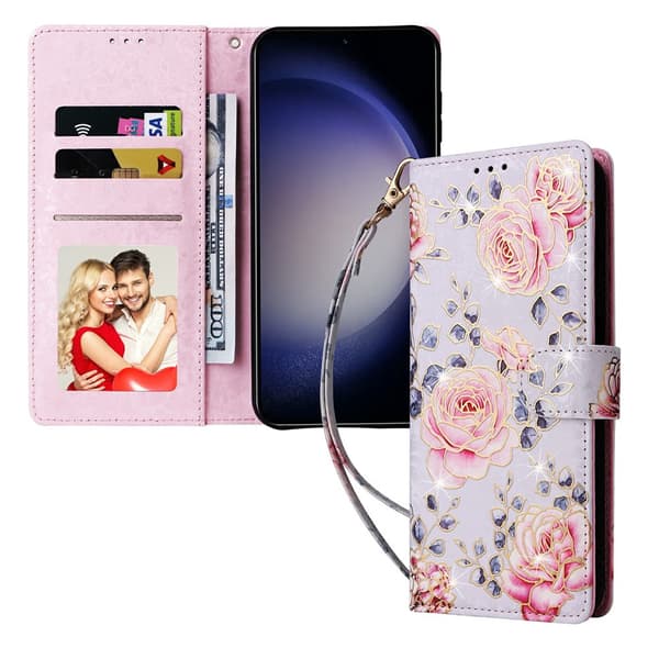 Samsung Galaxy S26 Plus Fodral RFID Läder Rosa Blommor