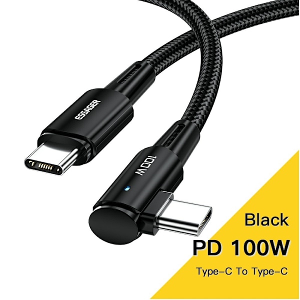 ESSAGER 3m 100W PD USB-C - USB-C Elbow Laddningskabel Svart