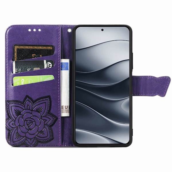 Xiaomi Redmi Note 14 5G Fodral Läder Fjäril Tryck Mörk Lila