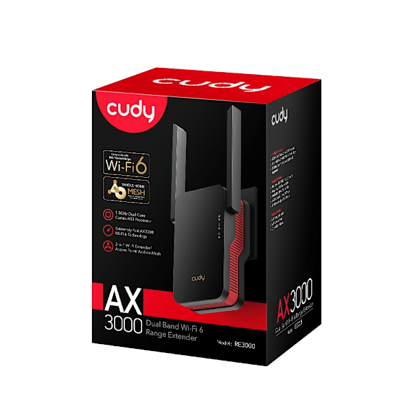 Cudy Wi-Fi Extender RE3000 AX3000 Mesh Svart/Röd