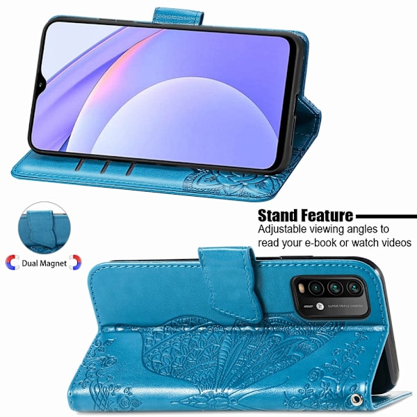Xiaomi Redmi 9T - Butterfly Läder Fodral - Blå Blue Blå