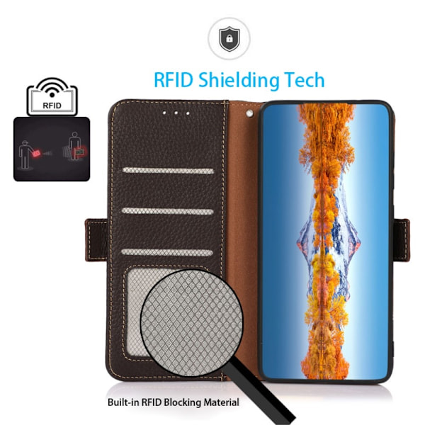 KHAZNEH Xiaomi 14 Ultra Fodral RFID Litchi Äkta Läder Brun