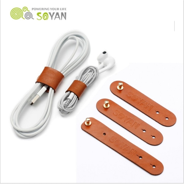 SOYAN 3-PACK Kabelhållare I PU-Läder Brun