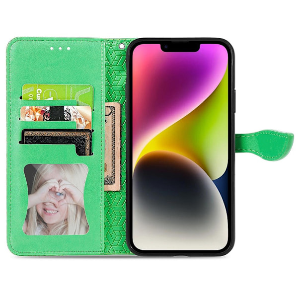 iPhone 15 Plus Fodral Läder Med Tryck Grön