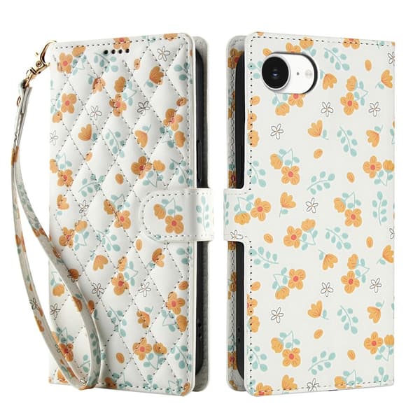 iPhone 17e / 16e Fodral Rhombus Läder Blommor Vit